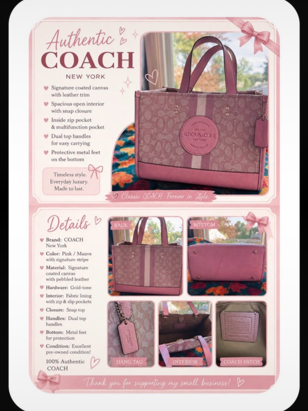 Coach Pink Mauve Signature Canvas Tote with Leather Trim